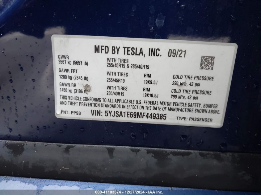 2021 Tesla Model S Plaid Tri Motor All-Wheel Drive VIN: 5YJSA1E69MF449385 Lot: 41183574