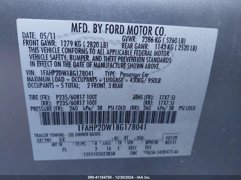 2011 Ford Taurus Se VIN: 1FAHP2DW1BG178041 Lot: 41184700