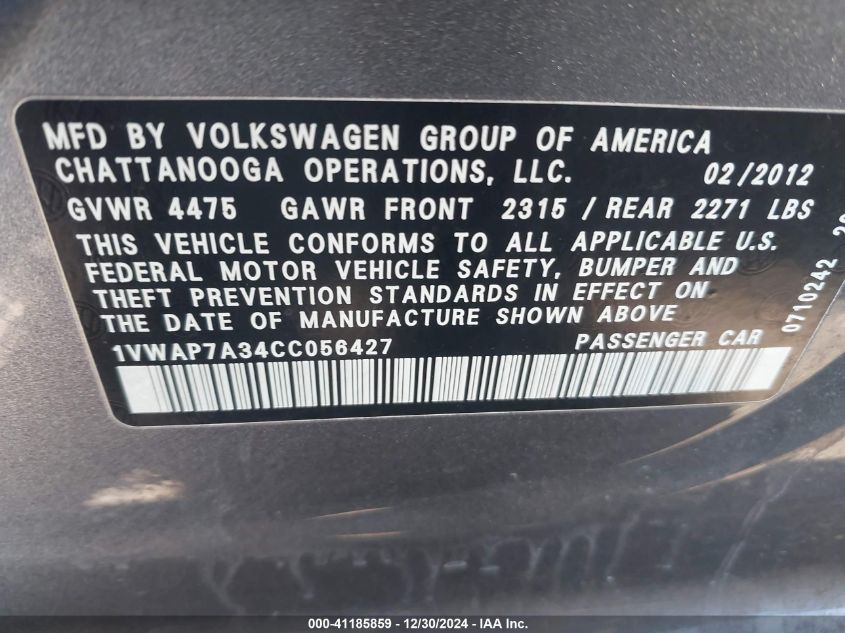 2012 Volkswagen Passat 2.5L S VIN: 1VWAP7A34CC056427 Lot: 41185859