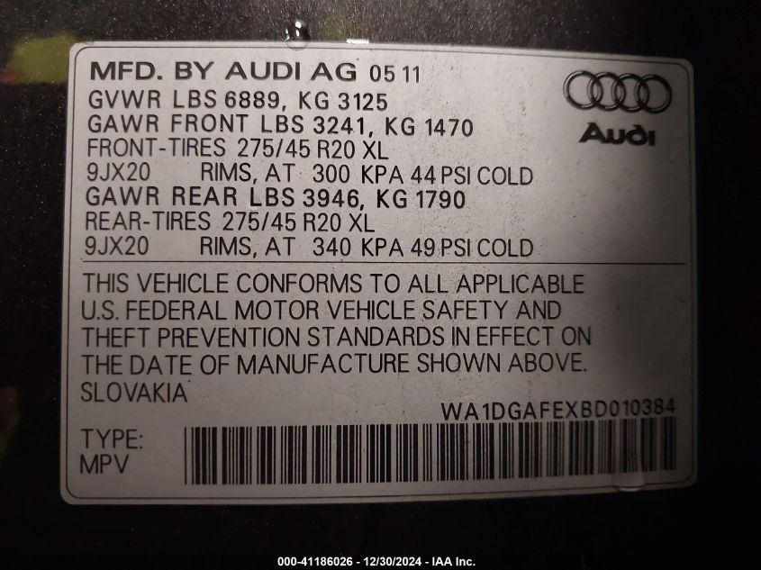 2011 Audi Q7 3.0T S Line Prestige VIN: WA1DGAFEXBD010384 Lot: 41186026