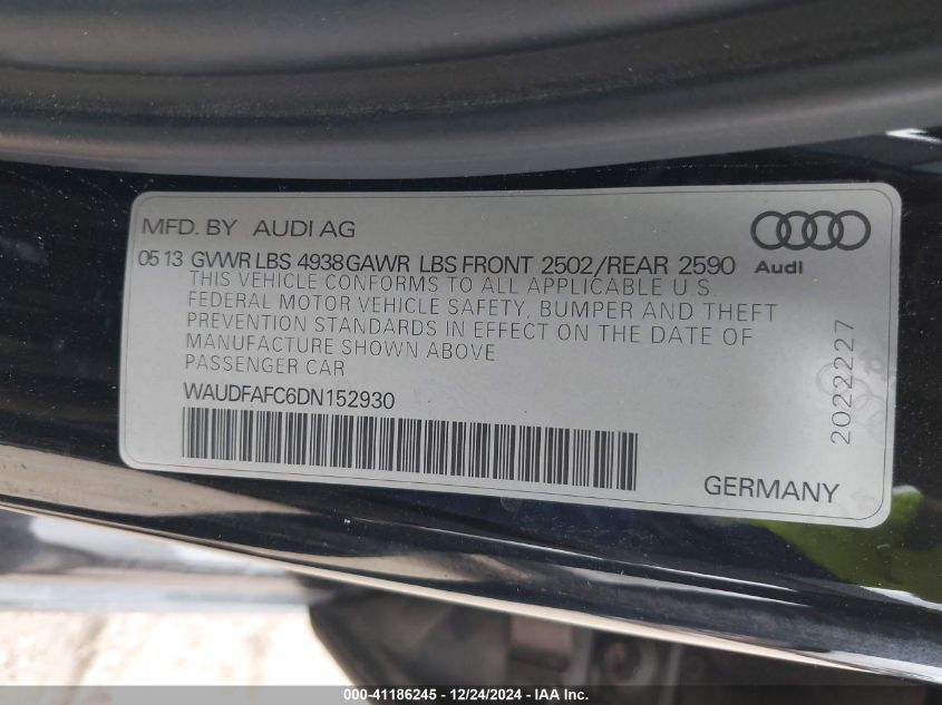 2013 Audi A6 2.0T Premium VIN: WAUDFAFC6DN152930 Lot: 41186245