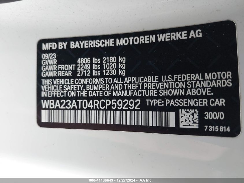 2024 BMW 4 Series 430I VIN: WBA23AT04RCP59292 Lot: 41186649