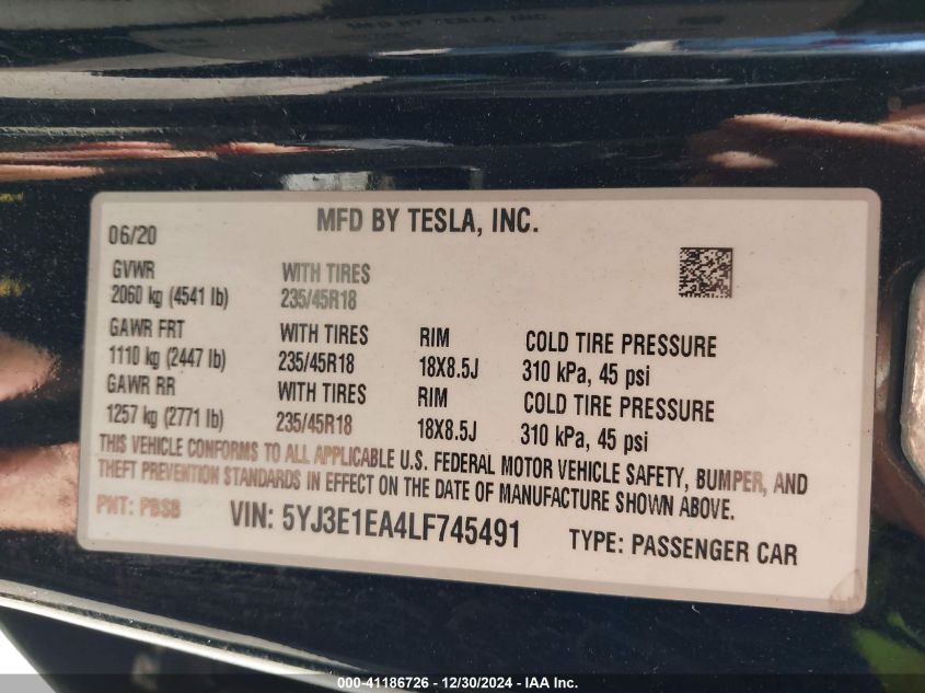 2020 Tesla Model 3 Standard Range Plus Rear-Wheel Drive/Standard Range Rear-Wheel Drive VIN: 5YJ3E1EA4LF745491 Lot: 41186726