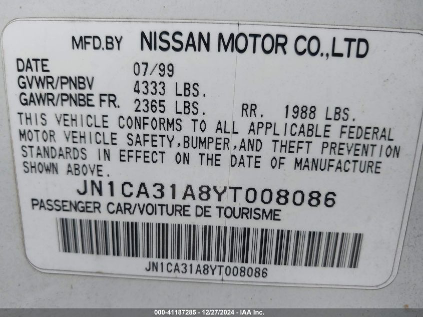 2000 Nissan Maxima Gle/Gxe/Se VIN: JN1CA31A8YT008086 Lot: 41187285