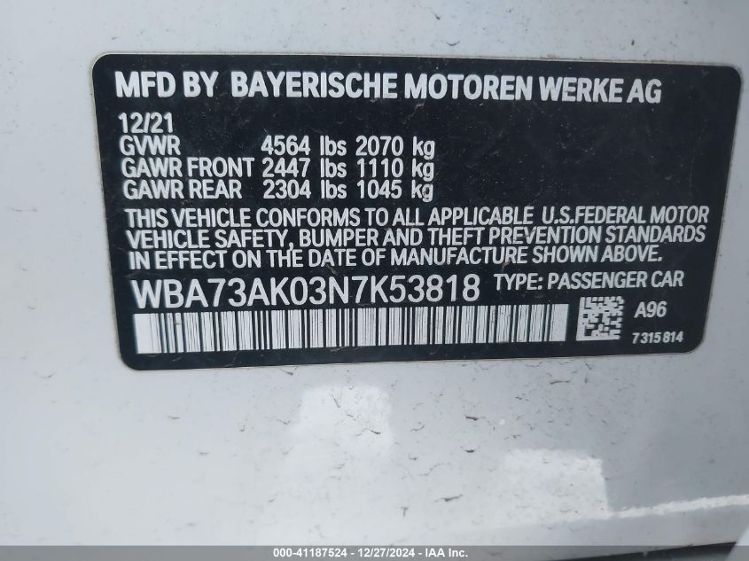 2022 BMW 228 Gran Coupe I xDrive VIN: WBA73AK03N7K53818 Lot: 41187524