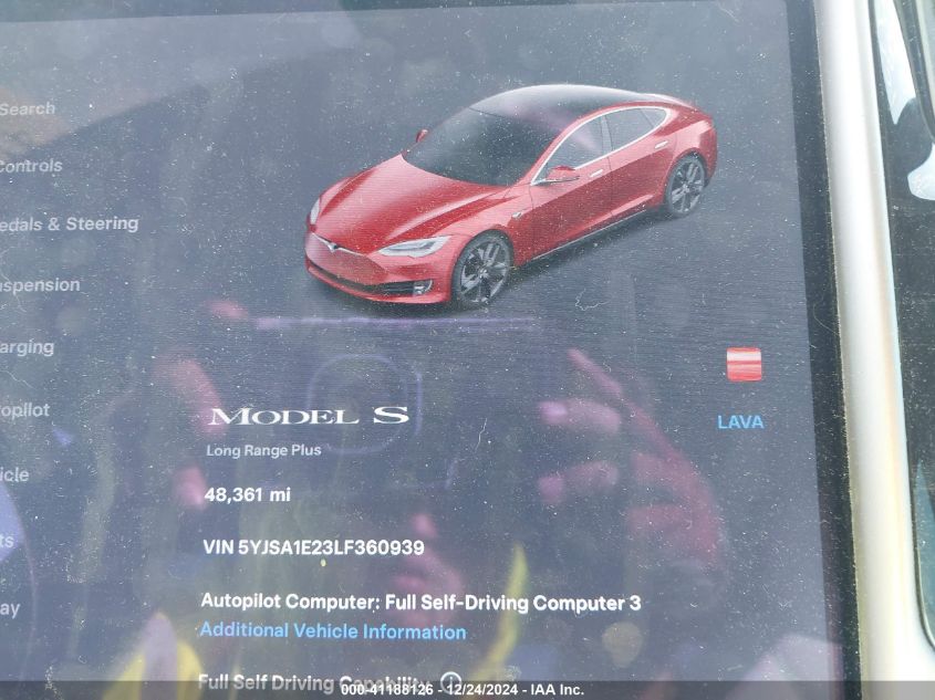 2020 Tesla Model S Long Range Dual Motor All-Wheel Drive/Long Range Plus Dual Motor All-Wheel Drive VIN: 5YJSA1E23LF360939 Lot: 41188126