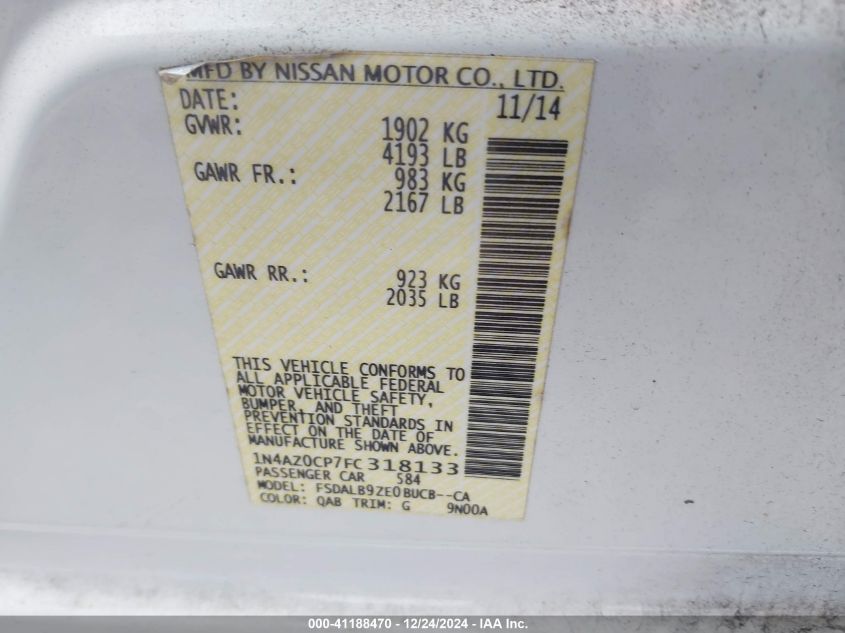 2015 Nissan Leaf S VIN: 1N4AZ0CP7FC318133 Lot: 41188470