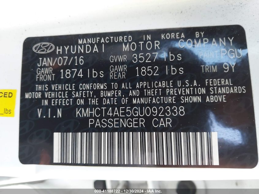 2016 Hyundai Accent Se VIN: KMHCT4AE5GU092338 Lot: 41188722