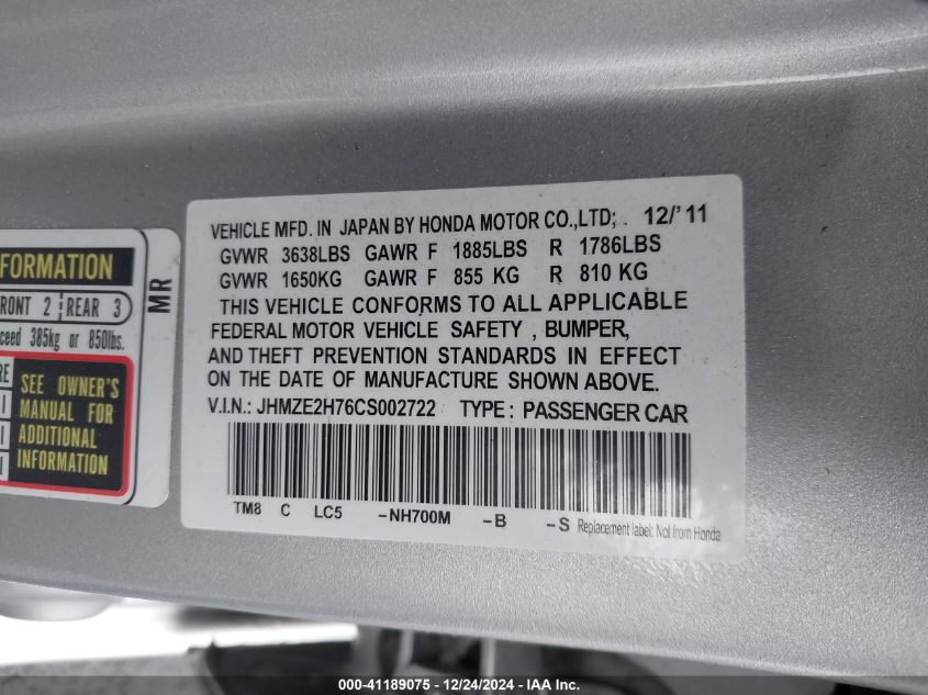 2012 Honda Insight Ex VIN: JHMZE2H76CS002722 Lot: 41189075