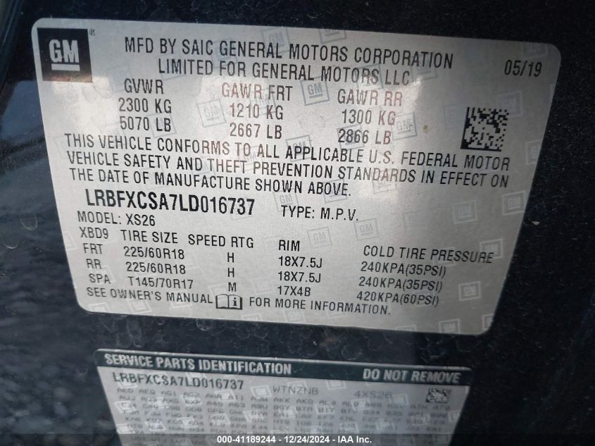 2020 Buick Envision Fwd Essence VIN: LRBFXCSA7LD016737 Lot: 41189244