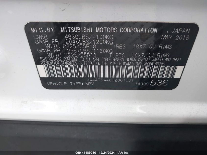 2018 Mitsubishi Eclipse Cross Sel VIN: JA4AT5AA8JZ061331 Lot: 41189256