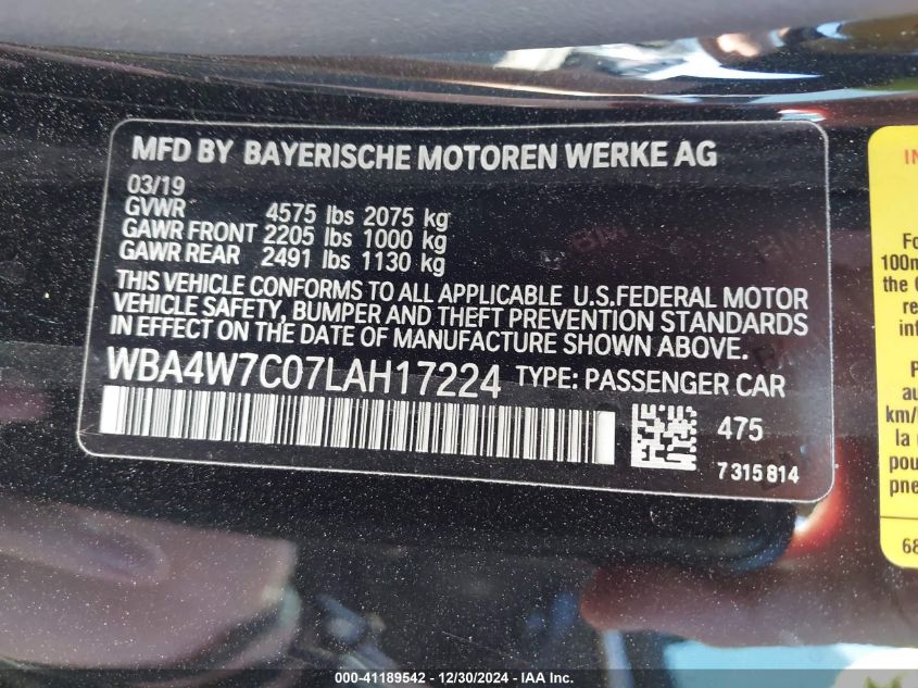 2020 BMW 440I VIN: WBA4W7C07LAH17224 Lot: 41189542