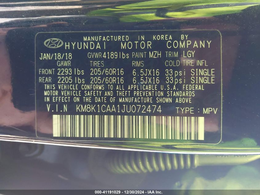 2018 Hyundai Kona Se VIN: KM8K1CAA1JU072474 Lot: 41191029