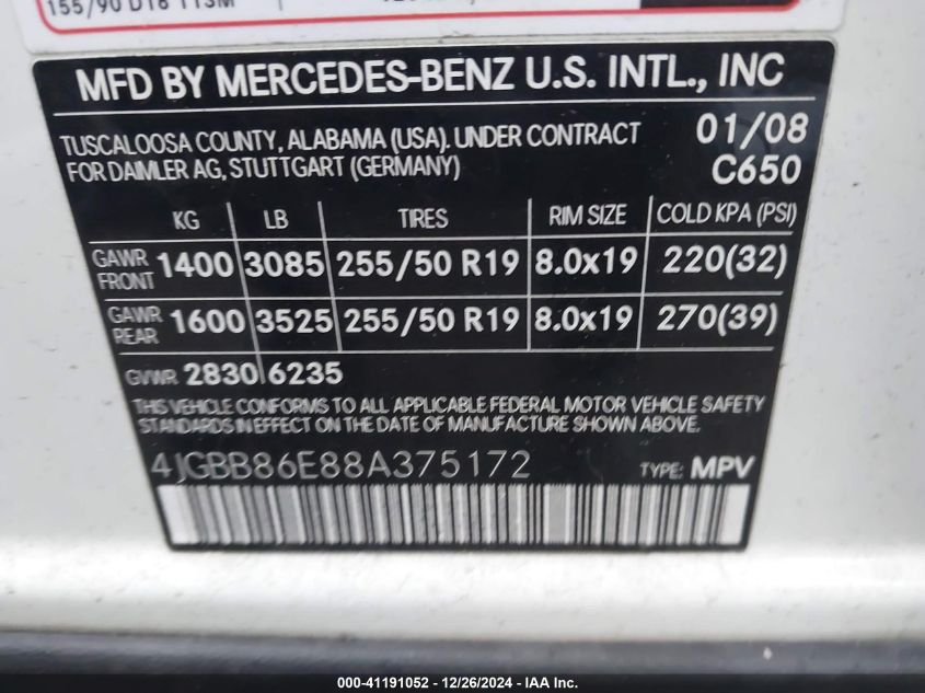 2008 Mercedes-Benz Ml 350 4Matic VIN: 4JGBB86E88A375172 Lot: 41191052