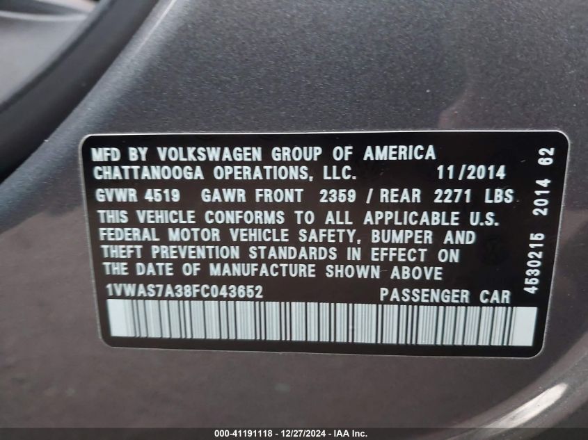 2015 Volkswagen Passat 1.8T Wolfsburg Edition VIN: 1VWAS7A38FC043652 Lot: 41191118