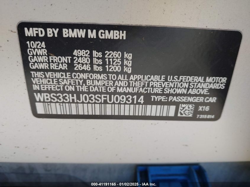 2025 BMW M3 Competition xDrive VIN: WBS33HJ03SFU09314 Lot: 41191165