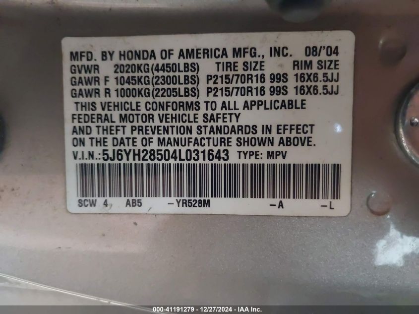 2004 Honda Element Ex VIN: 5J6YH28504L031643 Lot: 41191279