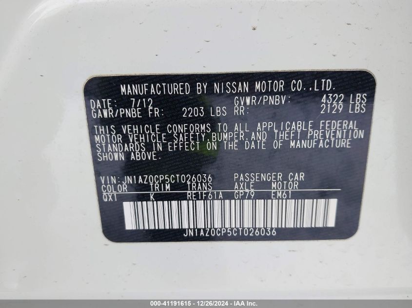 2012 Nissan Leaf Sl VIN: JN1AZ0CP5CT026036 Lot: 41191615