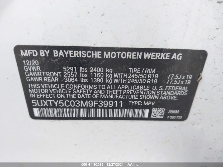 2021 BMW X3 xDrive30I VIN: 5UXTY5C03M9F39911 Lot: 41192095