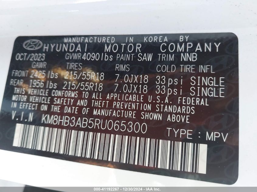 2024 Hyundai Kona Sel VIN: KM8HB3AB5RU065300 Lot: 41192267