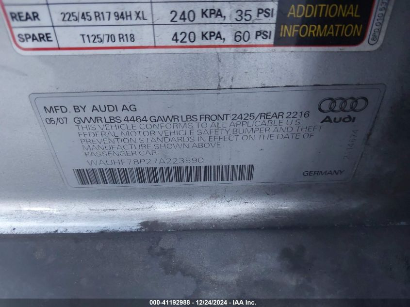 2007 Audi A3 2.0T VIN: WAUHF78P27A223590 Lot: 41192988