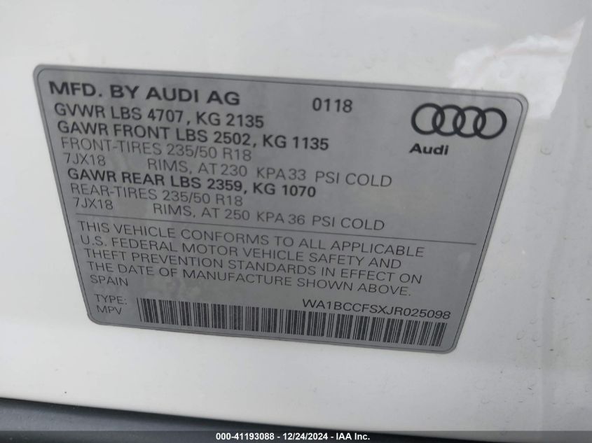 2018 Audi Q3 2.0T Premium/2.0T Sport Premium VIN: WA1BCCFSXJR025098 Lot: 41193088