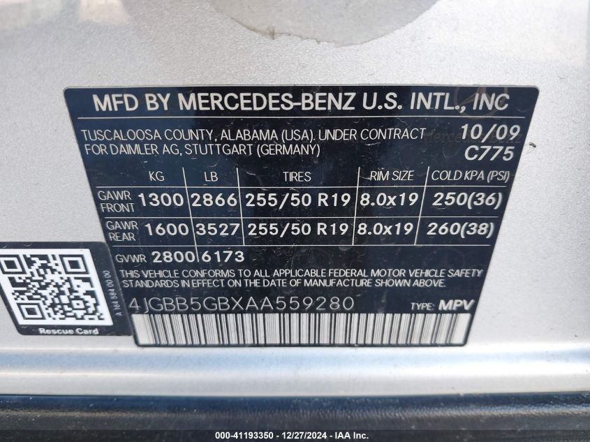 2010 Mercedes-Benz M-Class Ml 350 VIN: 4JGBB5GBXAA559280 Lot: 41193350