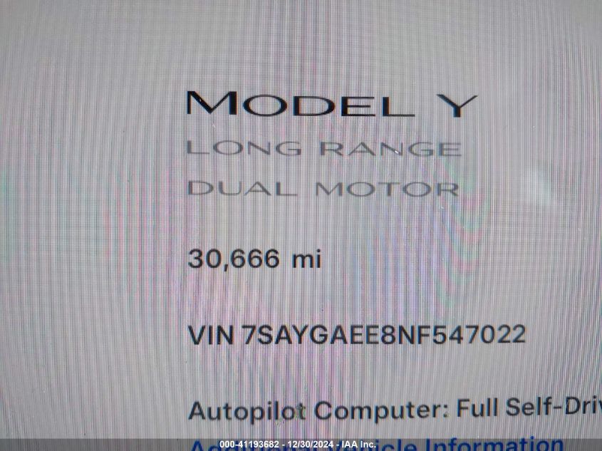 2022 Tesla Model Y VIN: 7SAYGAEE8NF547022 Lot: 41193682