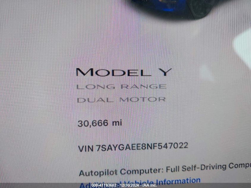 2022 Tesla Model Y VIN: 7SAYGAEE8NF547022 Lot: 41193682