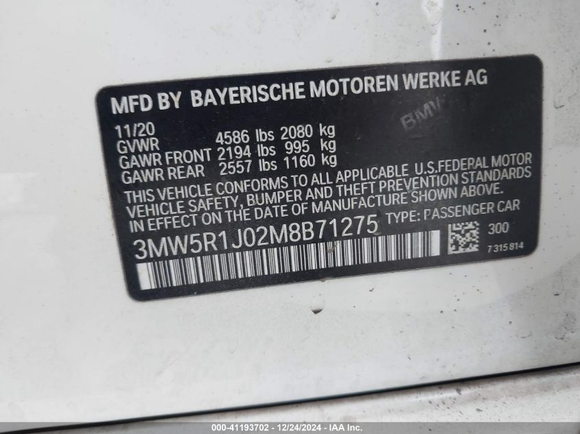 2021 BMW 330I VIN: 3MW5R1J02M8B71275 Lot: 41193702