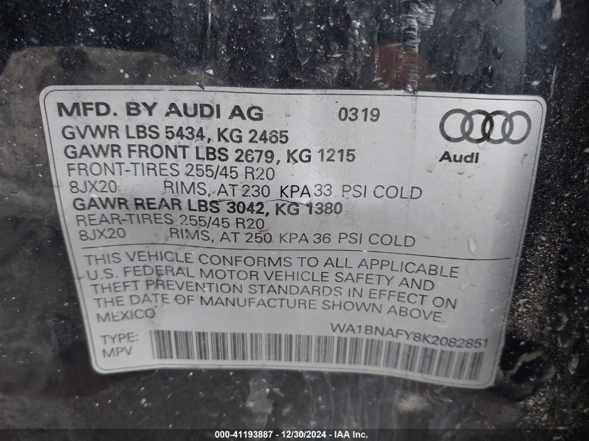 2019 Audi Q5 45 Premium VIN: WA1BNAFY8K2082851 Lot: 41193887