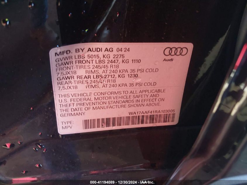 2024 Audi A4 Allroad Premium VIN: WA17AAF41RA103005 Lot: 41194089