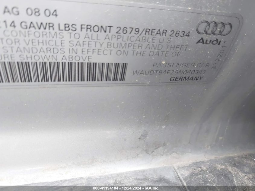 2005 Audi A6 3.2 VIN: WAUDT94F25N040387 Lot: 41194104