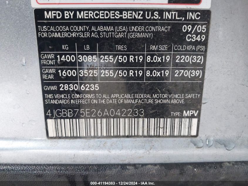 2006 Mercedes-Benz Ml 500 4Matic VIN: 4JGBB75E26A042233 Lot: 41194383