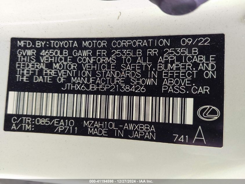 2023 Lexus Ux 250H VIN: JTHX6JBH5P2138426 Lot: 41194598