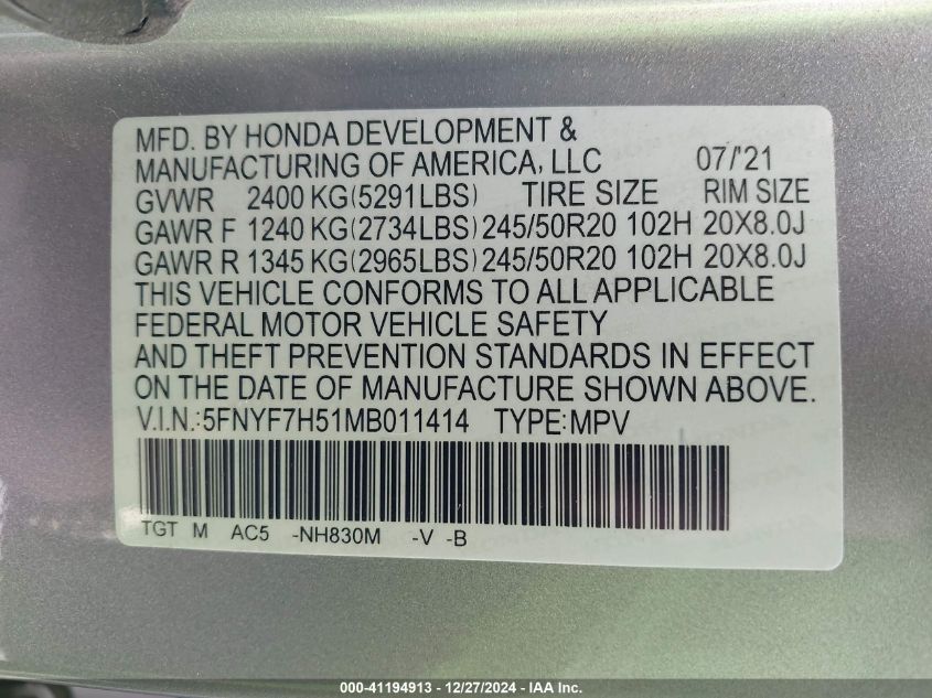 2021 Honda Passport Exl VIN: 5FNYF7H51MB011414 Lot: 41194913