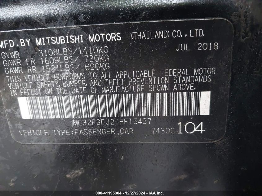 2018 Mitsubishi Mirage G4 Es VIN: ML32F3FJ2JHF15437 Lot: 41195304