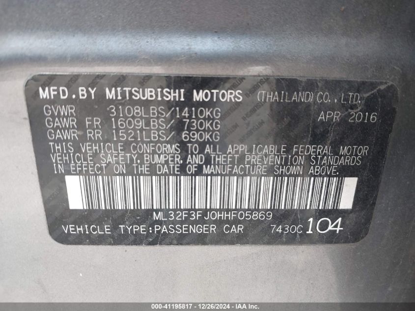 2017 Mitsubishi Mirage G4 Es VIN: ML32F3FJ0HHF05869 Lot: 41195817