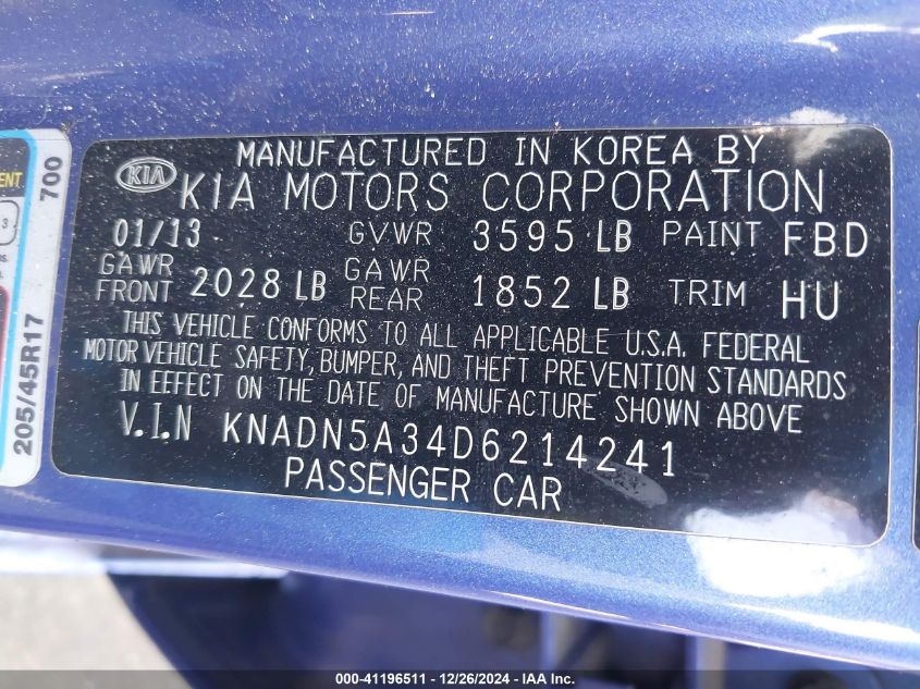 2013 Kia Rio Sx VIN: KNADN5A34D6214241 Lot: 41196511