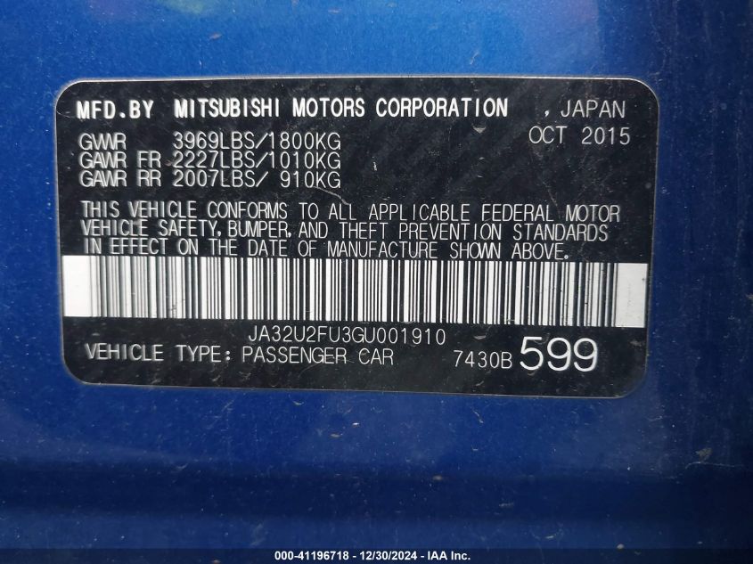 2016 Mitsubishi Lancer Es VIN: JA32U2FU3GU001910 Lot: 41196718