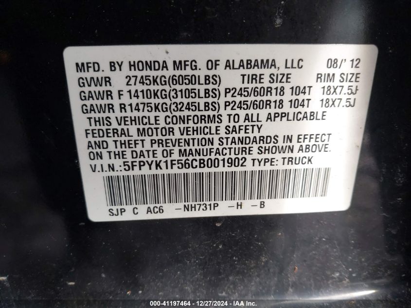 2012 Honda Ridgeline Rtl VIN: 5FPYK1F56CB001902 Lot: 41197464