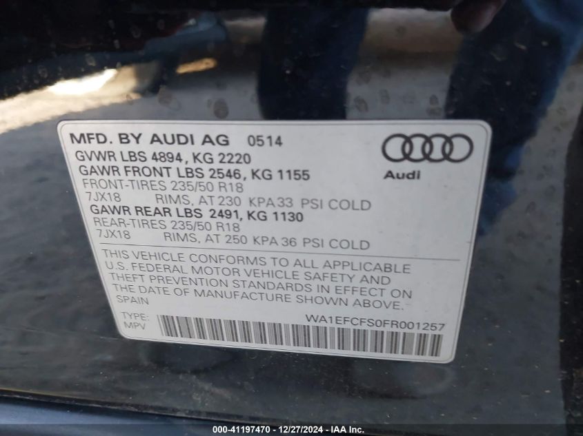 2015 Audi Q3 2.0T Premium Plus VIN: WA1EFCFS0FR001257 Lot: 41197470