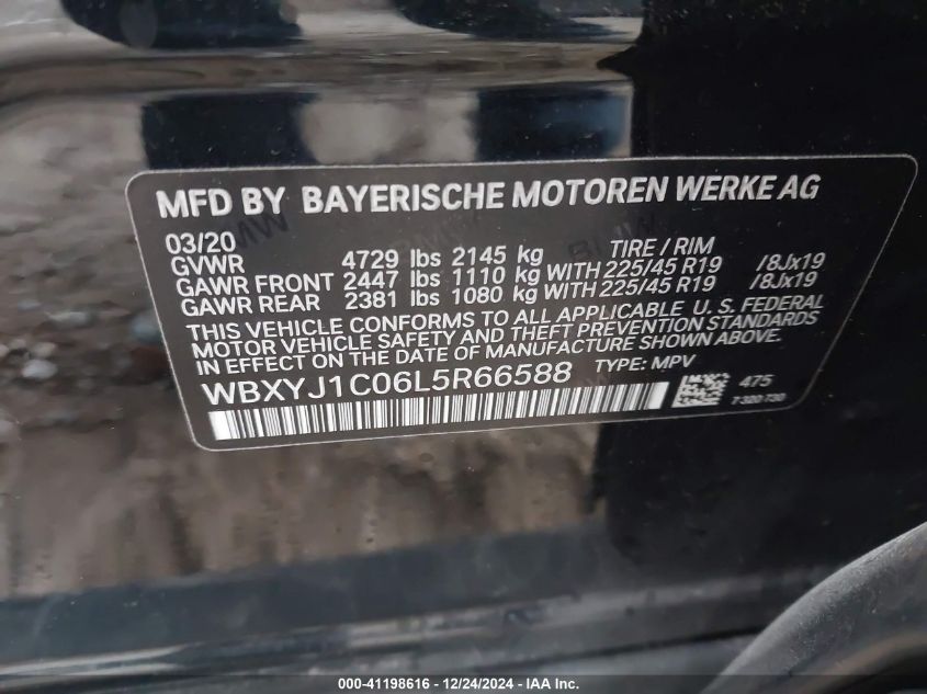 2020 BMW X2 xDrive28I VIN: WBXYJ1C06L5R66588 Lot: 41198616