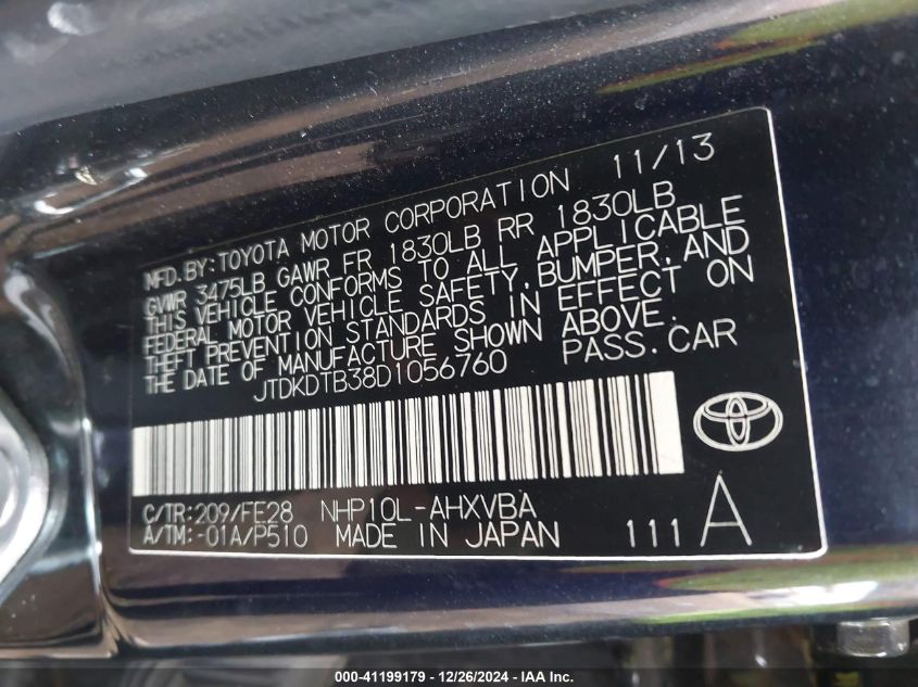 2013 Toyota Prius C One VIN: JTDKDTB38D1056760 Lot: 41199179