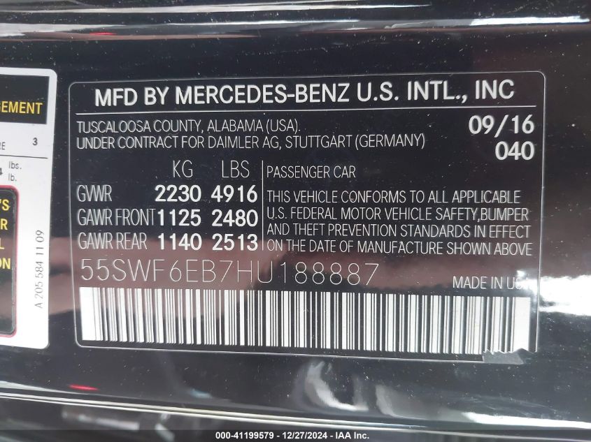 2017 Mercedes-Benz Amg C 43 4Matic VIN: 55SWF6EB7HU188887 Lot: 41199579