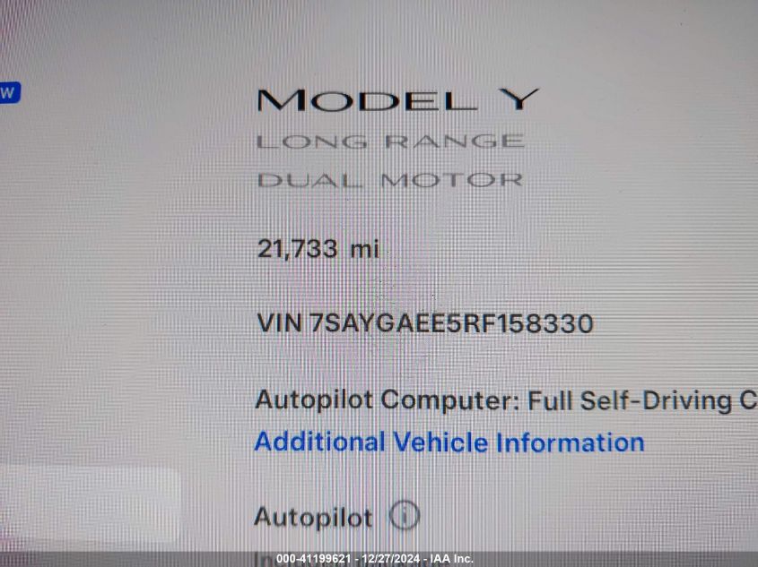 2024 Tesla Model Y Long Range Dual Motor All-Wheel Drive VIN: 7SAYGAEE5RF158330 Lot: 41199621