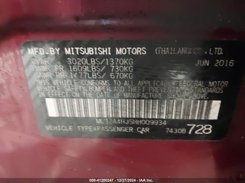 2017 Mitsubishi Mirage Se VIN: ML32A4HJ5HH009934 Lot: 41200247