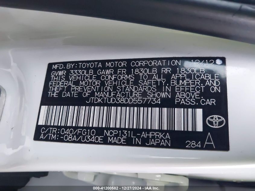 2013 Toyota Yaris Le VIN: JTDKTUD38DD557734 Lot: 41200582