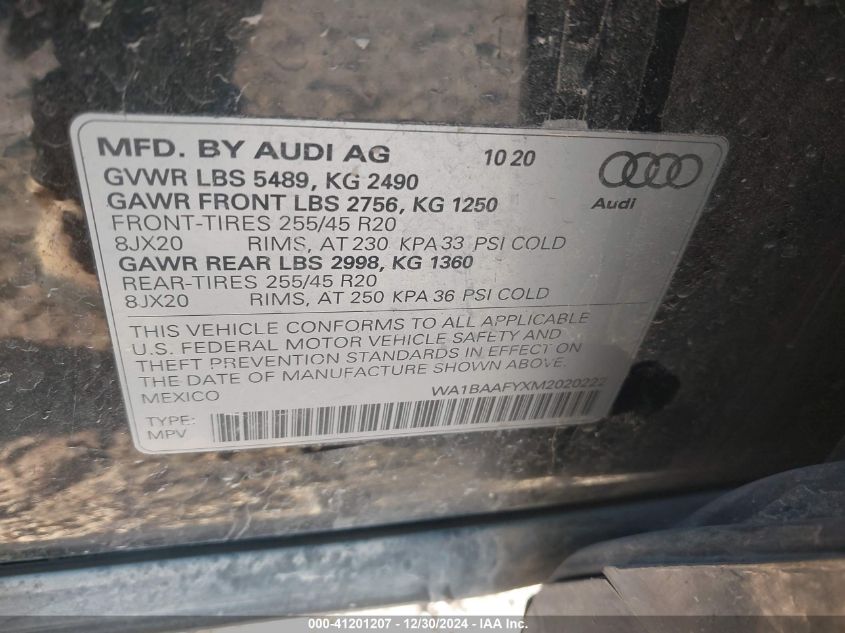 2021 Audi Q5 Premium Plus VIN: WA1BAAFYXM2020222 Lot: 41201207