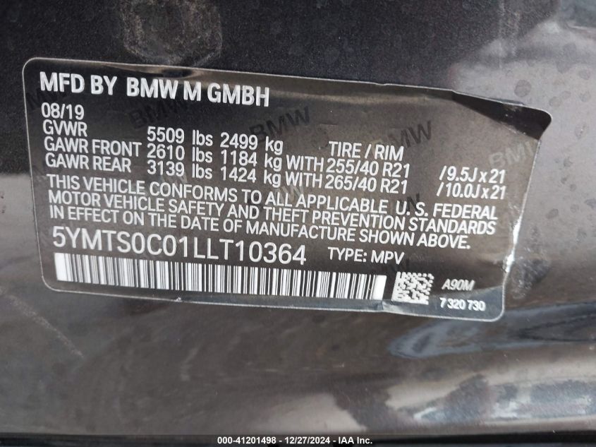 2020 BMW X3 M VIN: 5YMTS0C01LLT10364 Lot: 41201498